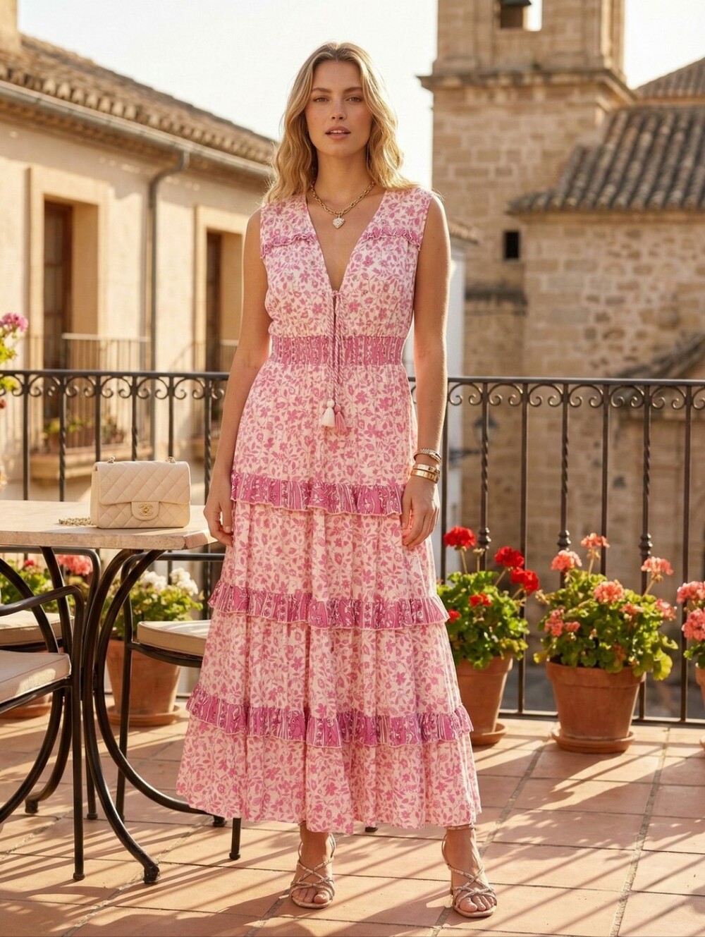 New European Handmade  Sleeveless Ruffled Tiered Viscose Dress Size S/M or M/L